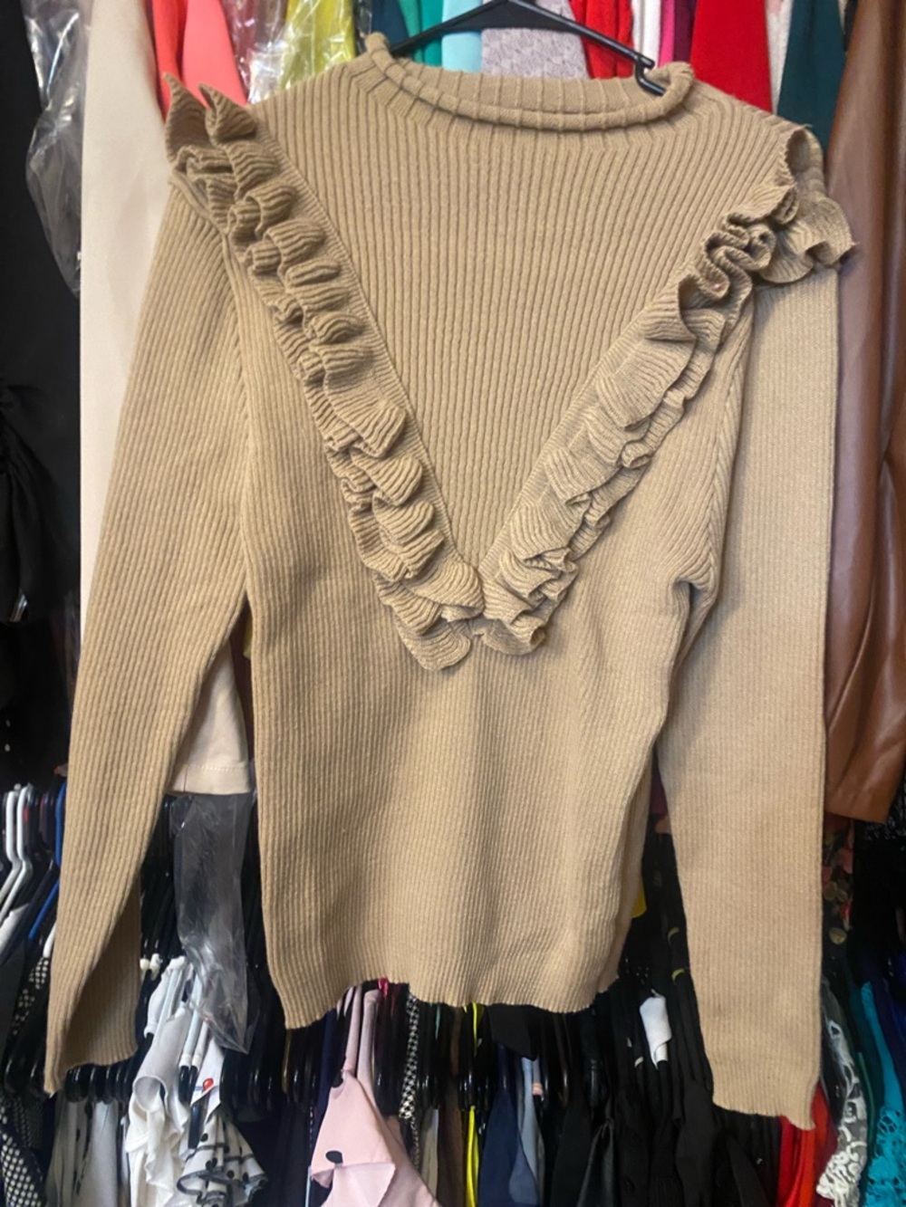 SHEIN Beige Ruffle-Trim Ribbed Crewneck Sweater